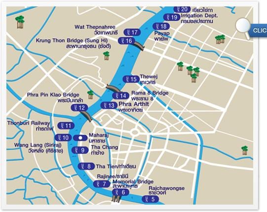 kort af bangkok river tjá bátnum